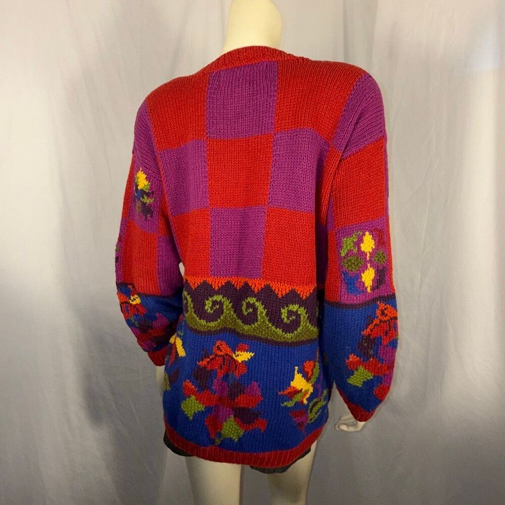 Vintage Jacquelyn by Browne Colorblock Floral Knit Cardigan Sweater | 80s 90s Bo - Picture 9 of 14